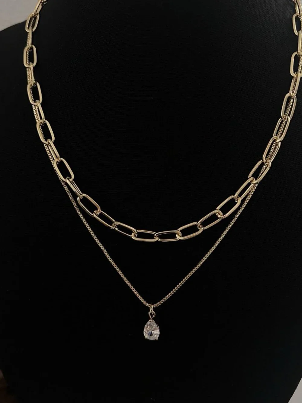 Layered Gold Chain Necklace Set Stainless Steel Paperclip & Teardrop Jewelry
